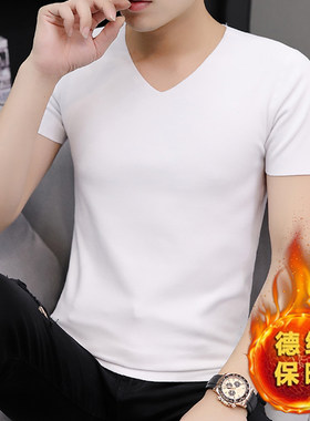男士德绒保暖内衣秋冬内穿单件上衣短袖内搭上身加绒隐形低领秋衣