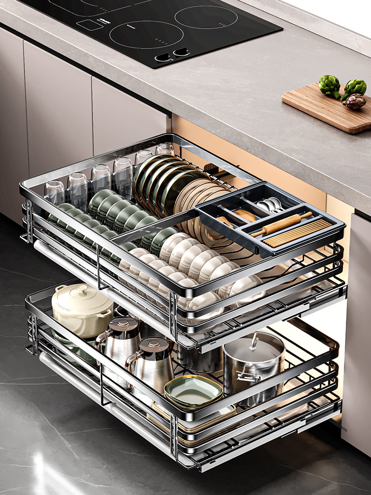 铂思琳304不锈钢拉篮厨房橱柜双层抽屉式碗架碗碟篮碗柜厨柜碗篮