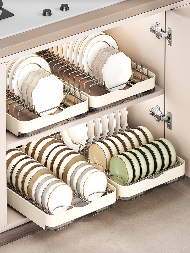 不锈钢碗碟收纳架厨房橱柜内置物架抽屉式拉篮抽拉碗柜盘沥水碗架