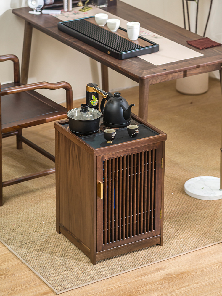 北美黑胡桃木茶水柜移动茶台烧水壶一体茶吧机小户型茶桌沙发边柜
