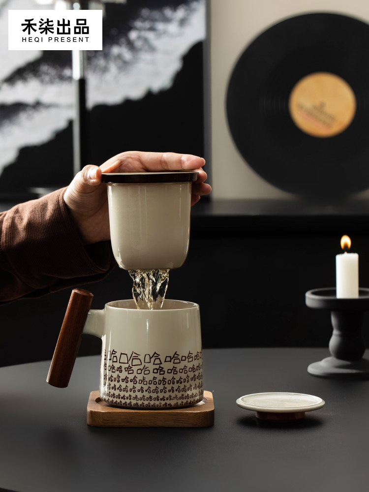 禾柒出品陶瓷办公杯带盖过滤马克杯茶水分离杯个人哈哈泡茶杯水杯,餐饮具,马克杯,淘宝优惠券,粉丝福利购,淘宝优惠卷