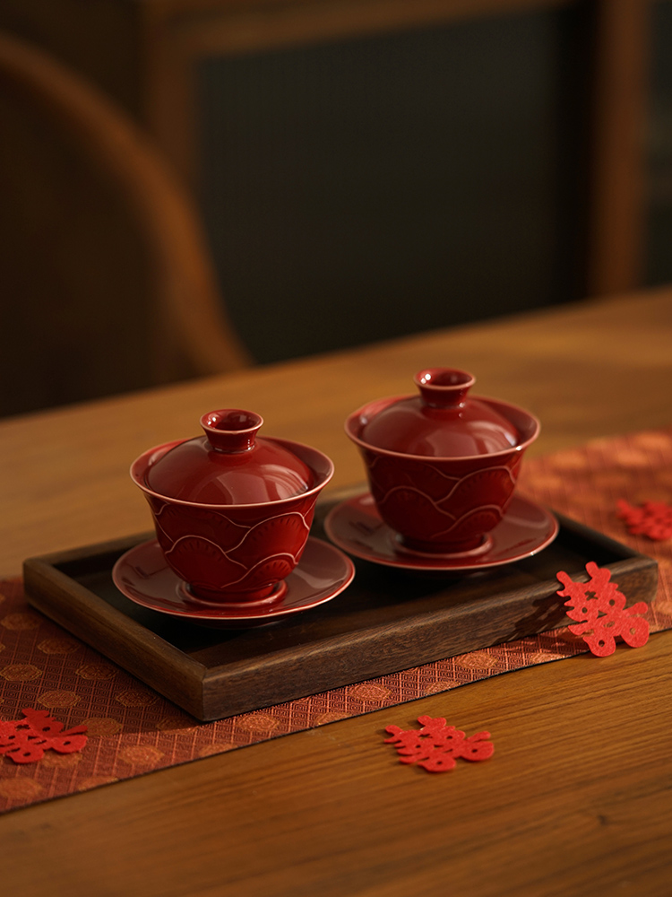喜霓结婚改口敬茶杯一对红色陶瓷盖碗杯子套装新人婚礼喜庆敬酒杯