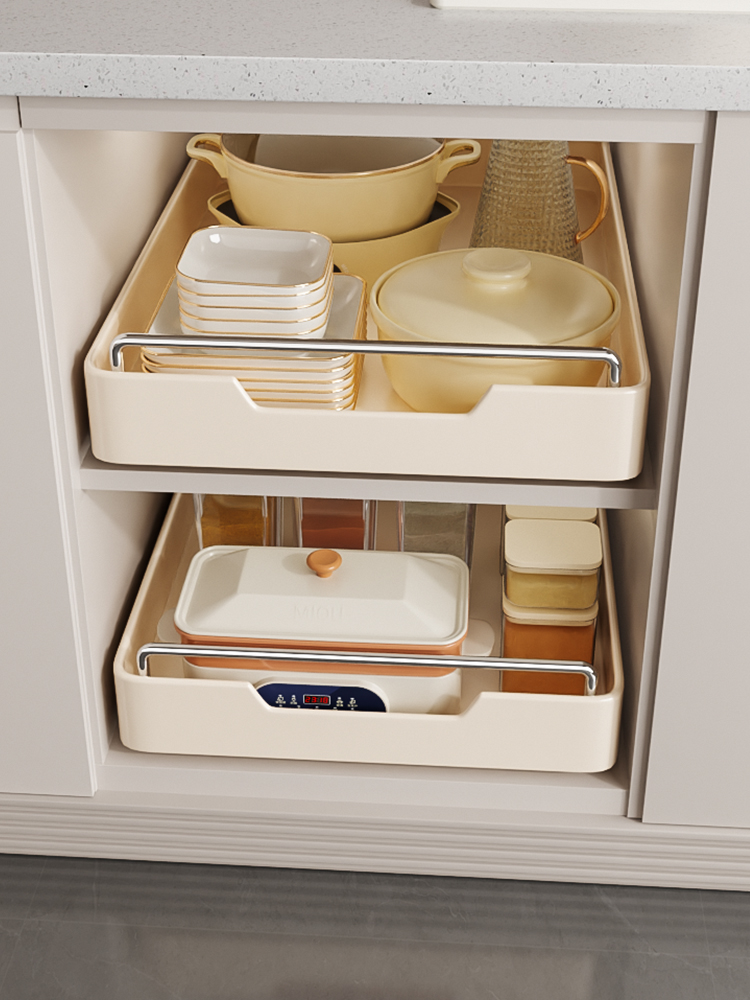 不锈钢抽拉式厨房置物架橱柜内下水槽拉篮免打孔抽屉式调料收纳盒