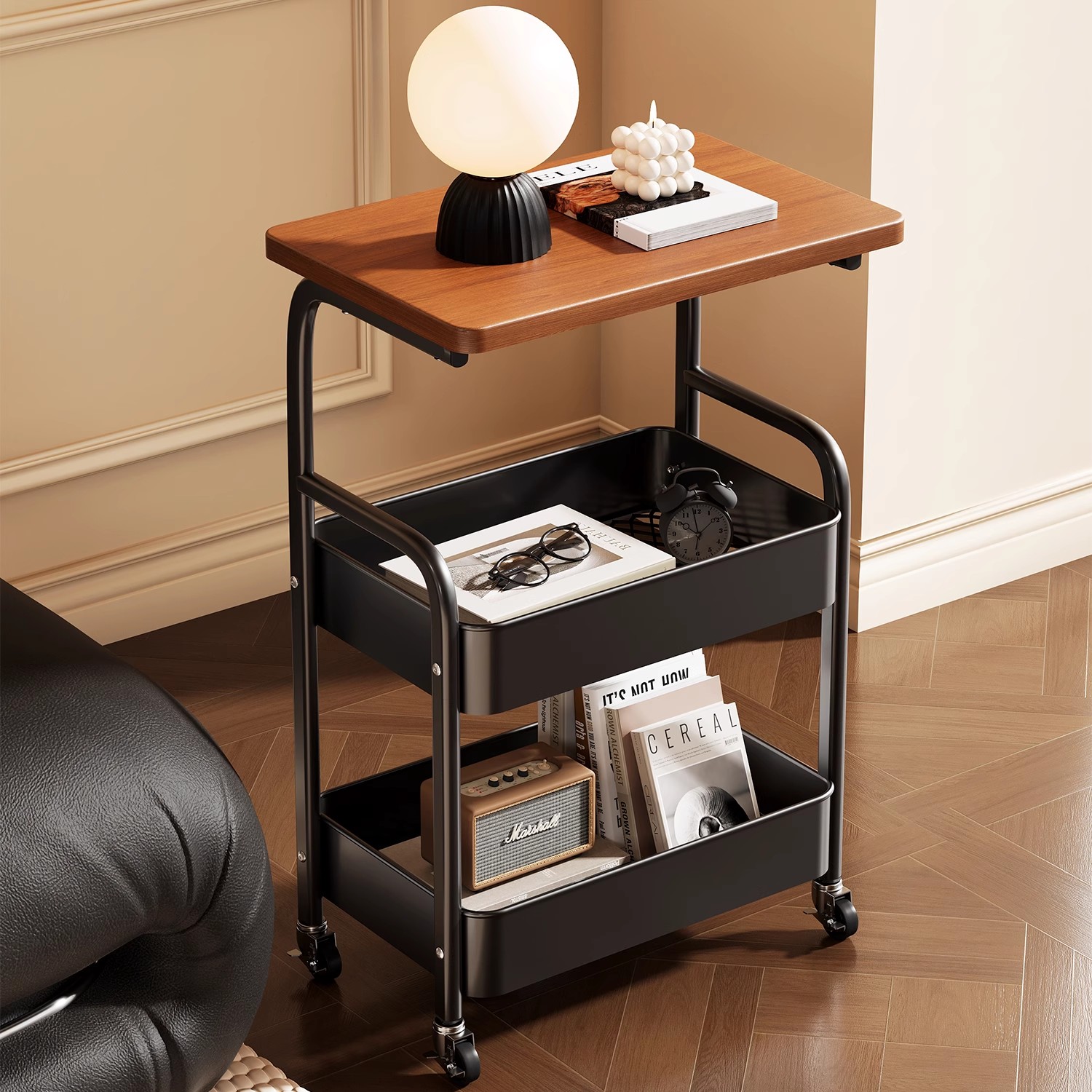 中古风小推车置物架沙发边几小户型落地带轮客厅床头收纳储物架子