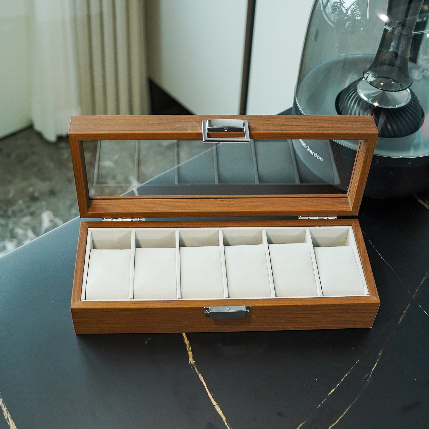 黑胡桃木纹木质6位手表收纳展示盒6只装手表卧室收藏包装箱子木质