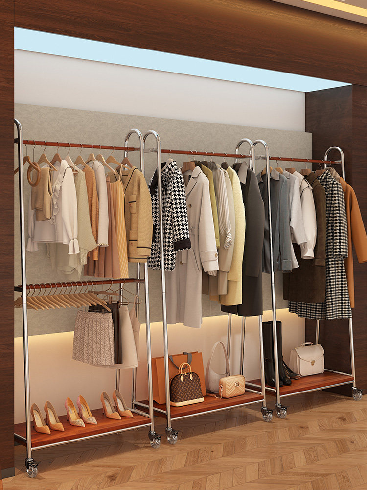 复古服装店展示架落地式带轮中岛衣架可移动女装挂衣杆铁艺龙门架