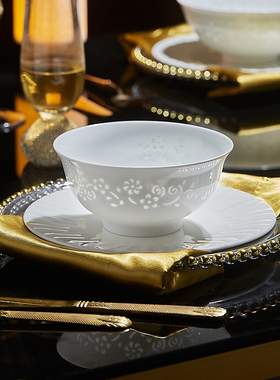 景德镇玉柏玲珑碗碟套装家用中式面碗单个青花高档陶瓷餐具