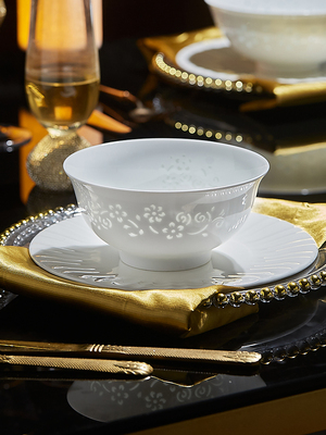 景德镇玉柏玲珑碗碟套装家用中式面碗单个青花高档陶瓷餐具