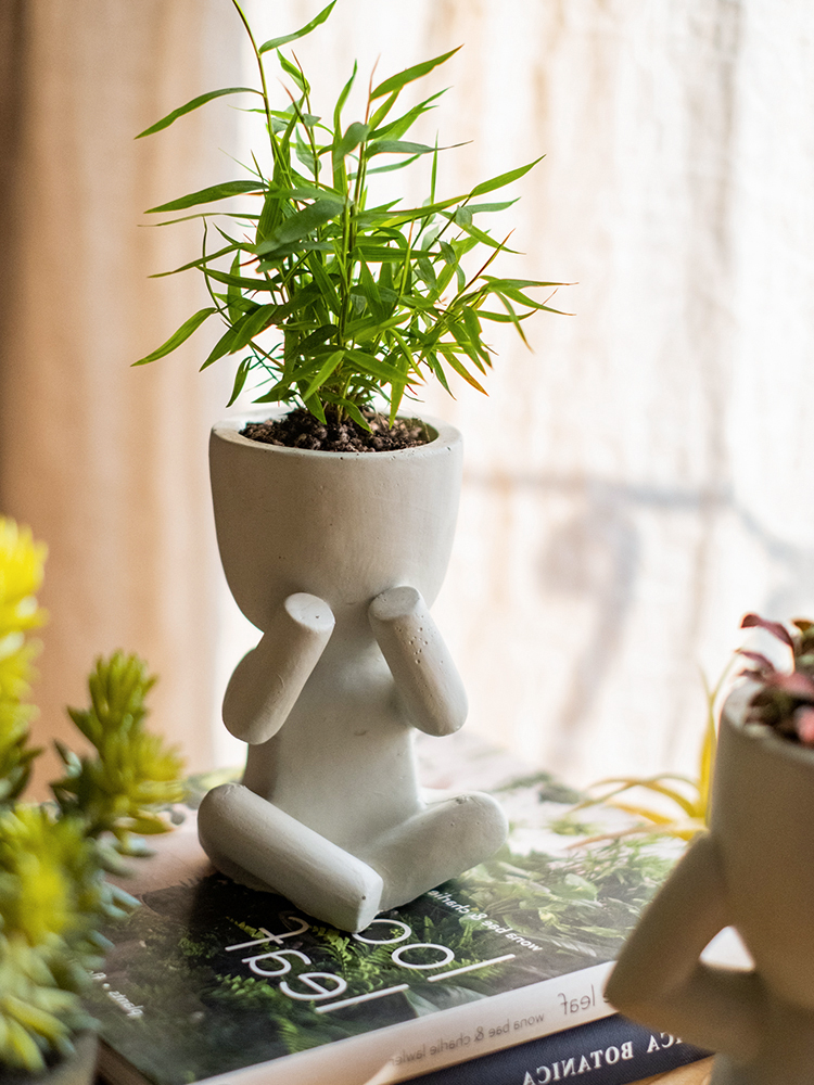 掬涵不看不听不说小白人涂鸦花盆花器多肉种植可爱艺术装饰品摆件