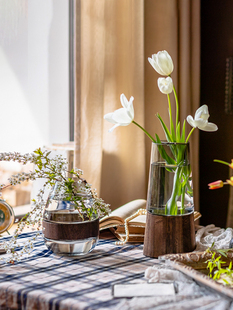 掬涵轻奢木托玻璃花瓶摆件高级感客厅插花水培鲜花餐桌插花花器