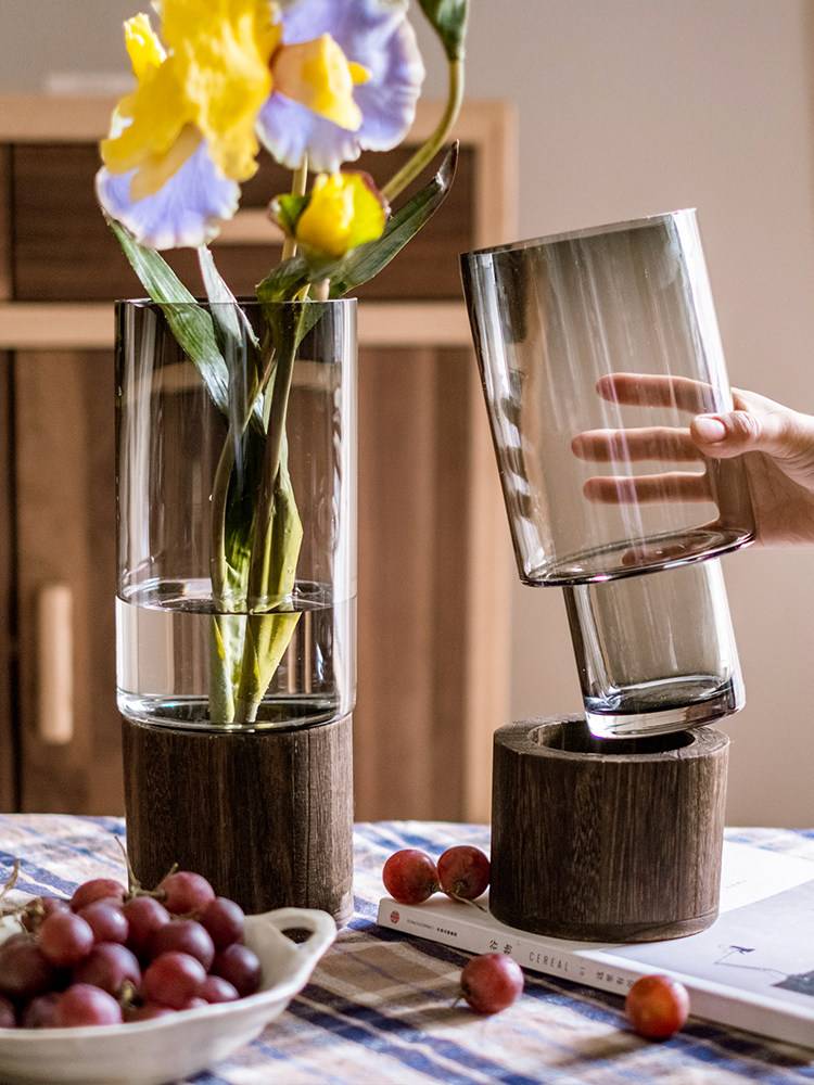 掬涵木托玻璃花瓶摆件直筒水养鲜花客厅餐桌干花插花装饰轻奢花器