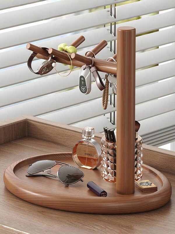 钥匙收纳玄关摆件置物架入户眼镜放置架复古风实木挂架桌上架装饰