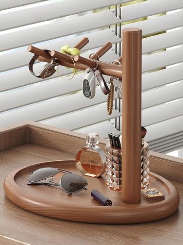 钥匙收纳玄关摆件置物架入户眼镜放置架复古风实木挂架桌上架装饰