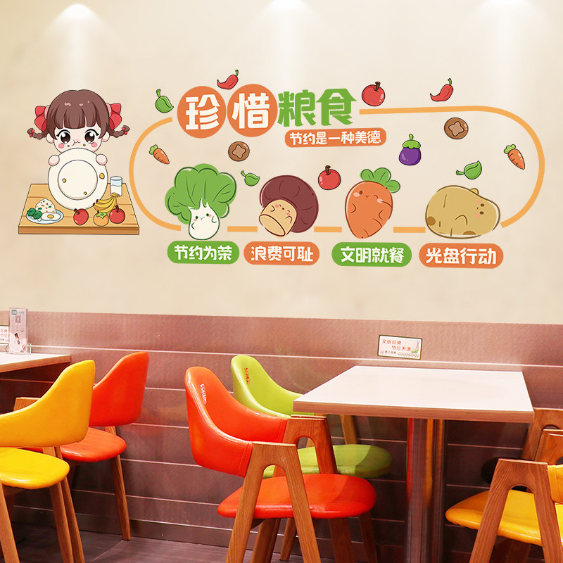 食堂文化墙贴珍惜节约粮食餐厅墙面装饰画光盘行动标语幼儿园环创