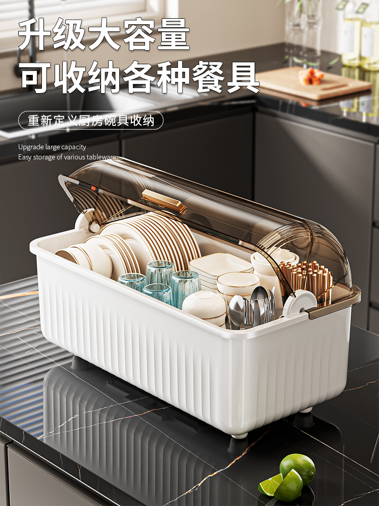 碗筷餐具收纳盒碗碟收纳架碗盘箱家用台面带盖碗柜沥水餐具置物架