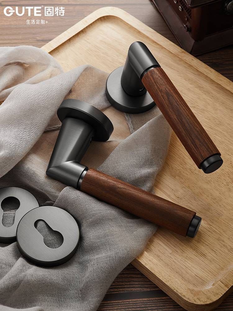 固特黑胡桃原木门锁家用通用型复古房门锁室内卧室门把手磁吸静音