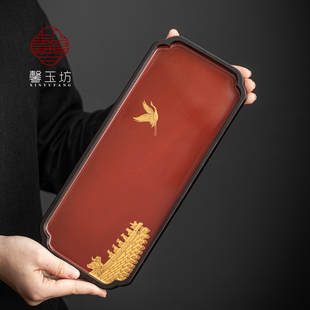 长方形国潮风干泡台红喜庆仿大漆壶承茶奉竹制托盘小茶盘茶海中式