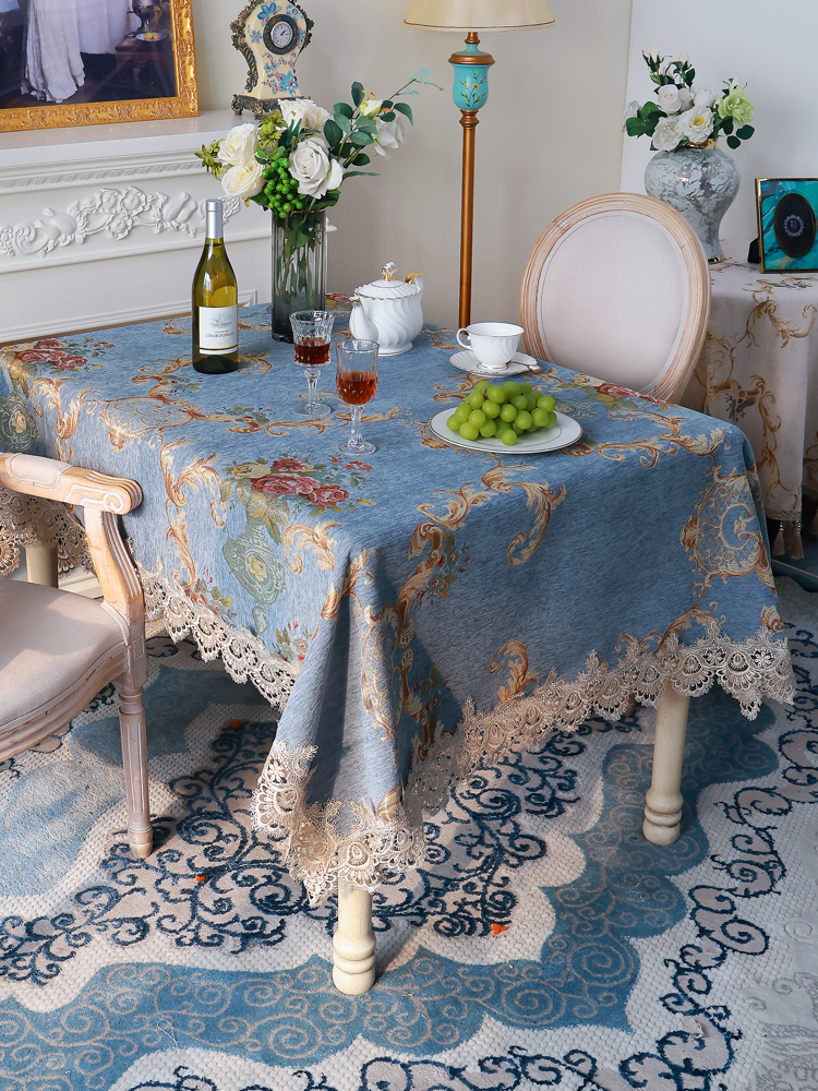 长方形餐桌布轻奢高级感欧式家用蓝色茶几布布艺方桌台布2025新款