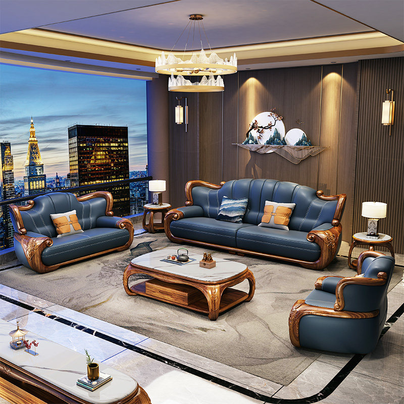 新中式别墅乌金木真皮沙发简约北欧客厅豪华实木头层牛皮沙发组合