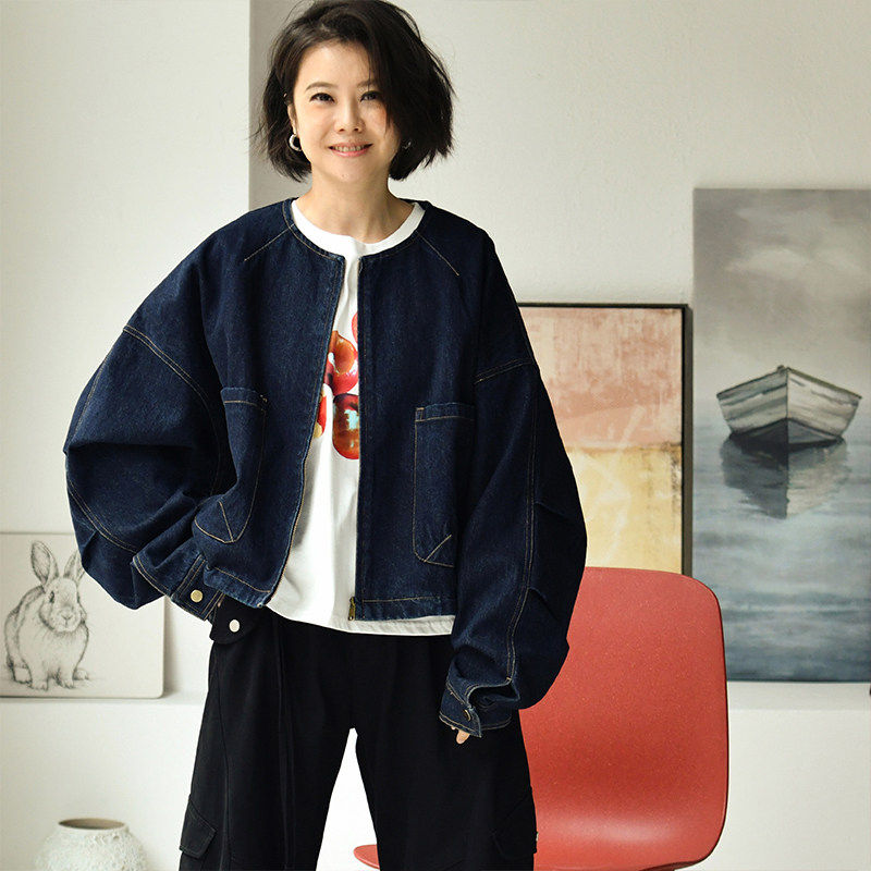 欧洲站2025春季新款韩版休闲宽松明线大兜圆领短款牛仔外套女大码