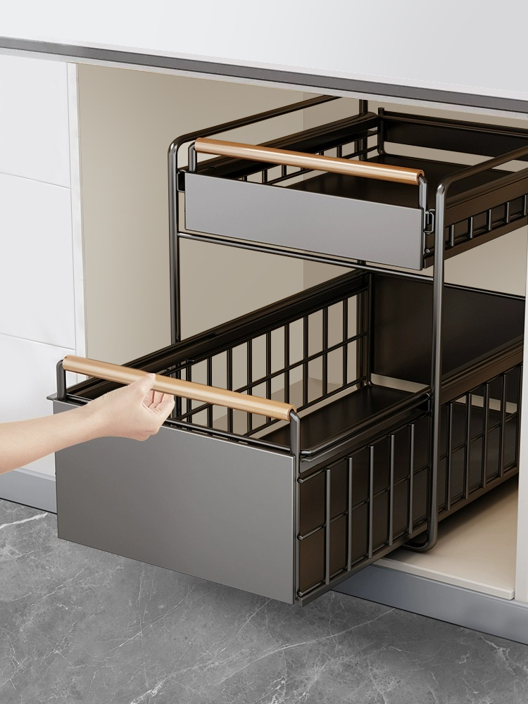 免安装厨房橱柜拉篮下水槽置物架一体碗碟调料收纳抽拉式分层架子