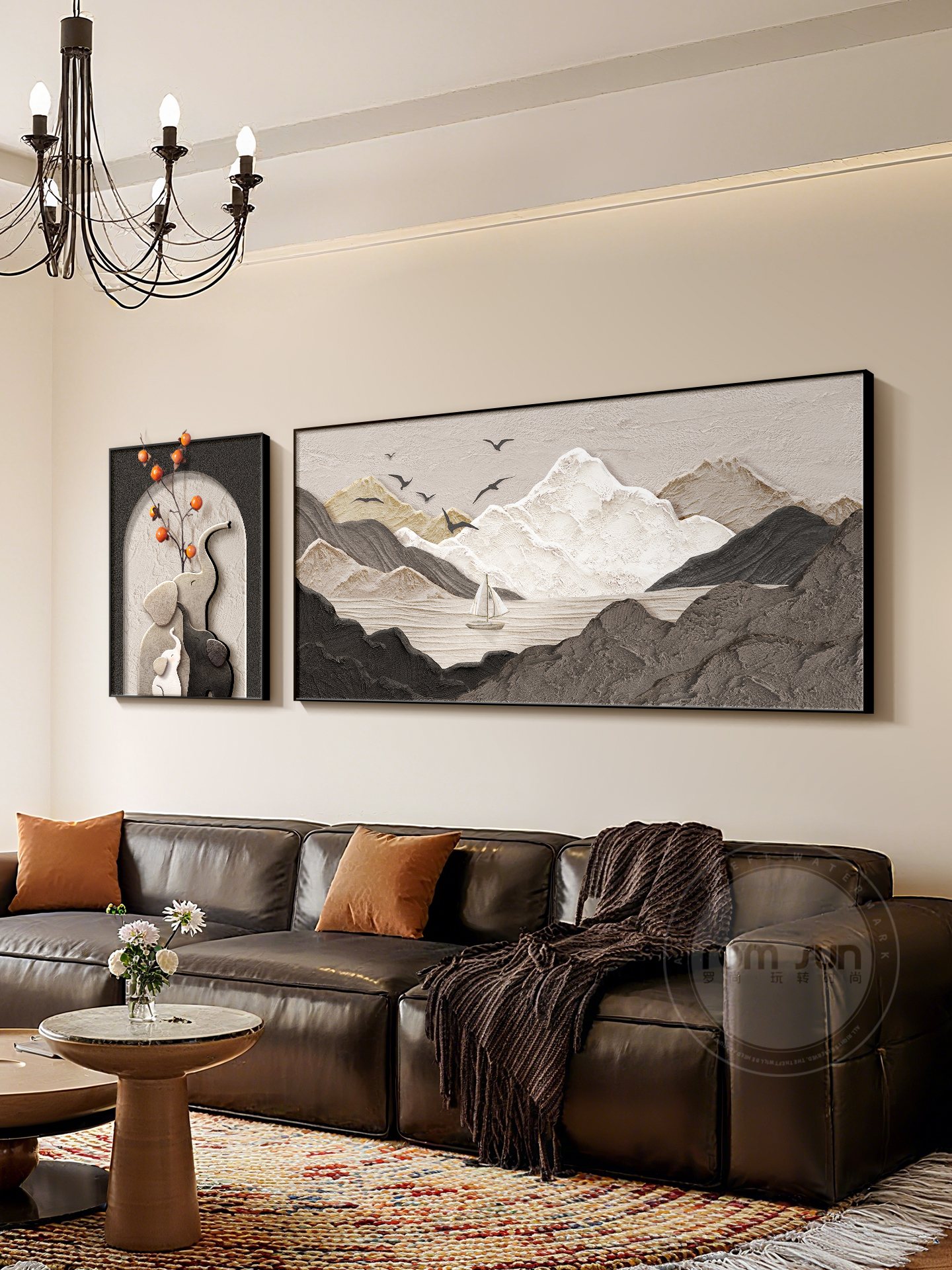背有靠山客厅装饰画极简大象立体实物组合画侘寂风沙发背景墙挂画
