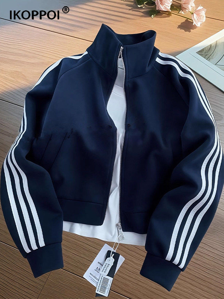 轻奢美式藏青色三杠条纹卫衣外套春季重磅立领棒球服短款运动夹克