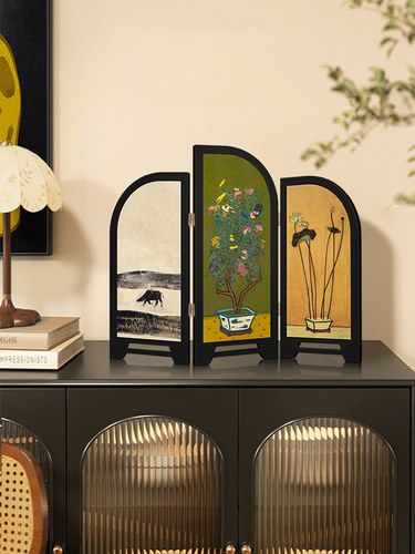 新中式中古风客厅桌面摆件屏风装饰品复古客厅电视柜玄关置物架