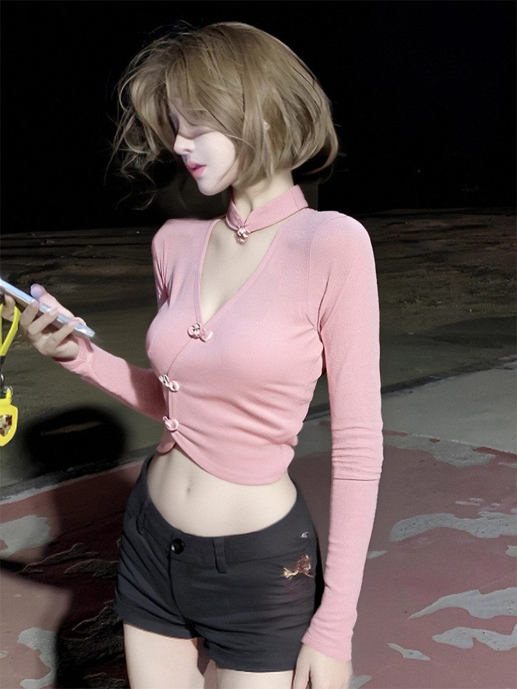 粉色V领挂脖长袖背心女2026春新款法式甜欲减龄氛围感修身短上衣