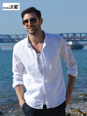 汉絮小方领棉麻长袖衬衫男士商务休闲上衣春季修身男装亚麻白衬衣