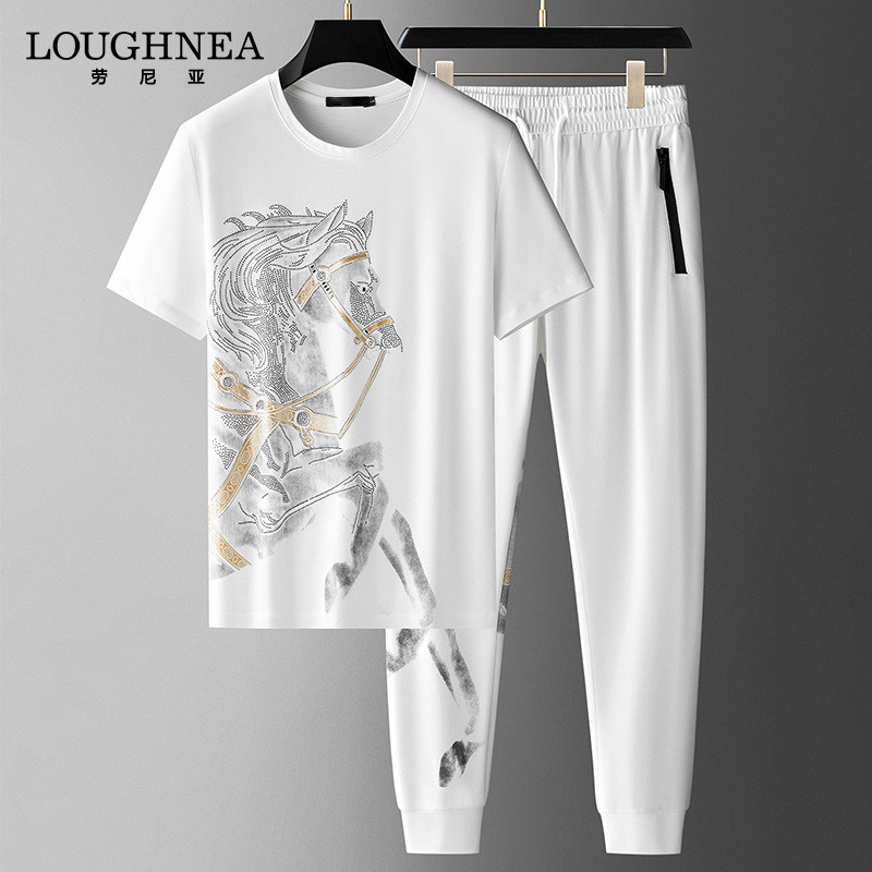 LOUGHNEA欧洲站战马短袖T恤套装男夏季烫钻时尚运动休闲两件套潮