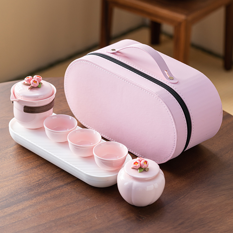 2025粉色茶具女士茶具捏花旅行茶具套装旅游一人一杯泡茶便携茶具
