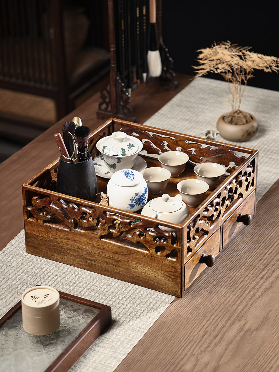 异丽柚木茶桌茶杯置物架茶壶收纳柜收纳架抽屉式茶具收纳盒都承盘