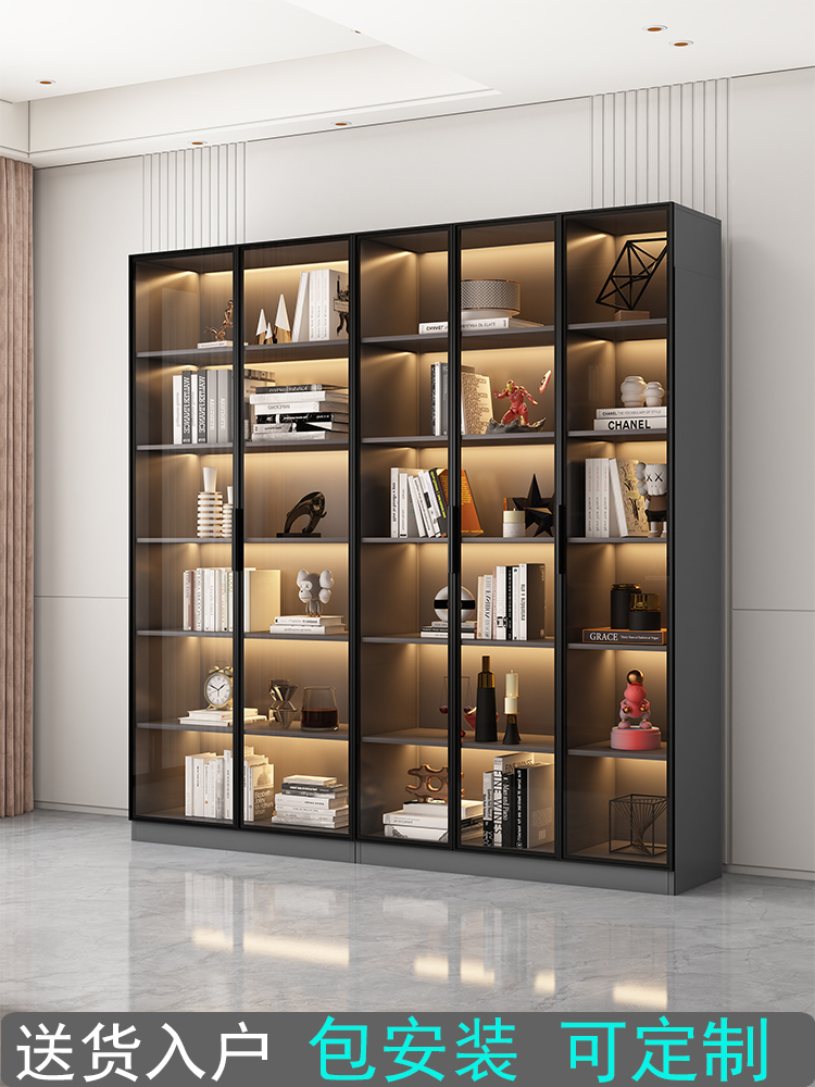 书柜酒柜手办展示柜带玻璃门轻奢家用客厅组合一体整墙书架可定制