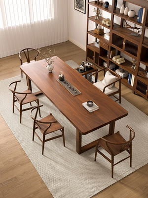 南美胡桃木茶桌椅组合新中式实木茶桌客厅茶桌餐桌一体两用大板桌