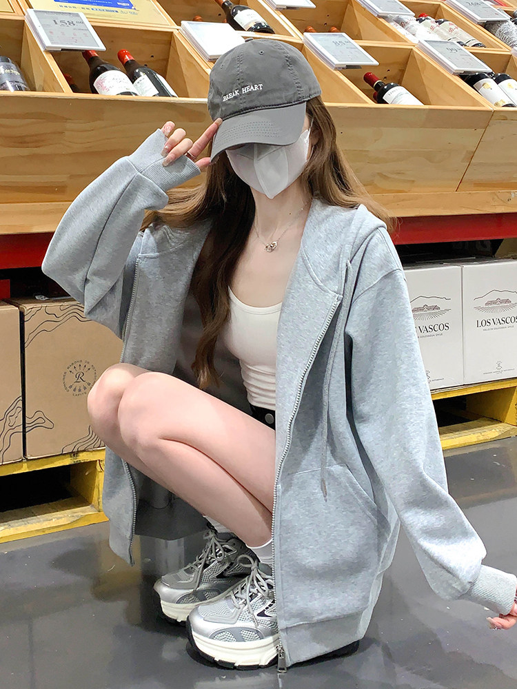早秋外套女春秋款2025新款宽松休闲浅灰色连帽卫衣慵懒风开衫上衣