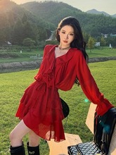 法式复古红色荷叶边连衣裙女夏季新疆北疆旅游穿搭收腰高级感套装