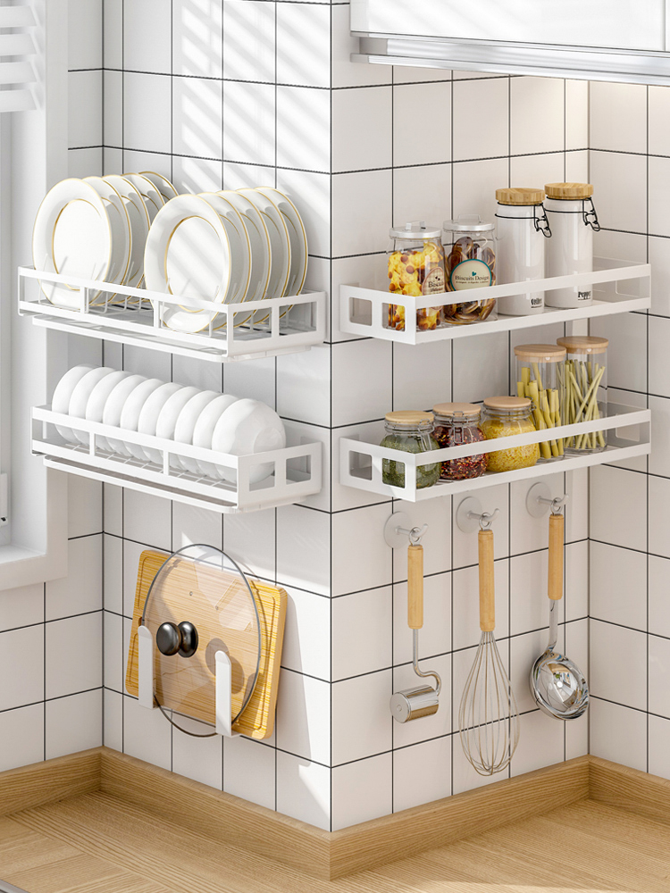 免打孔沥水架白色墙上放调味料收纳置物架壁挂式厨房碗碟架调料架