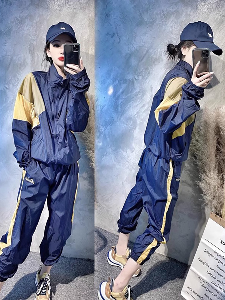 欧货时尚拼色防晒服运动套装女夏季休闲宽松拉链外套裤子两件套潮