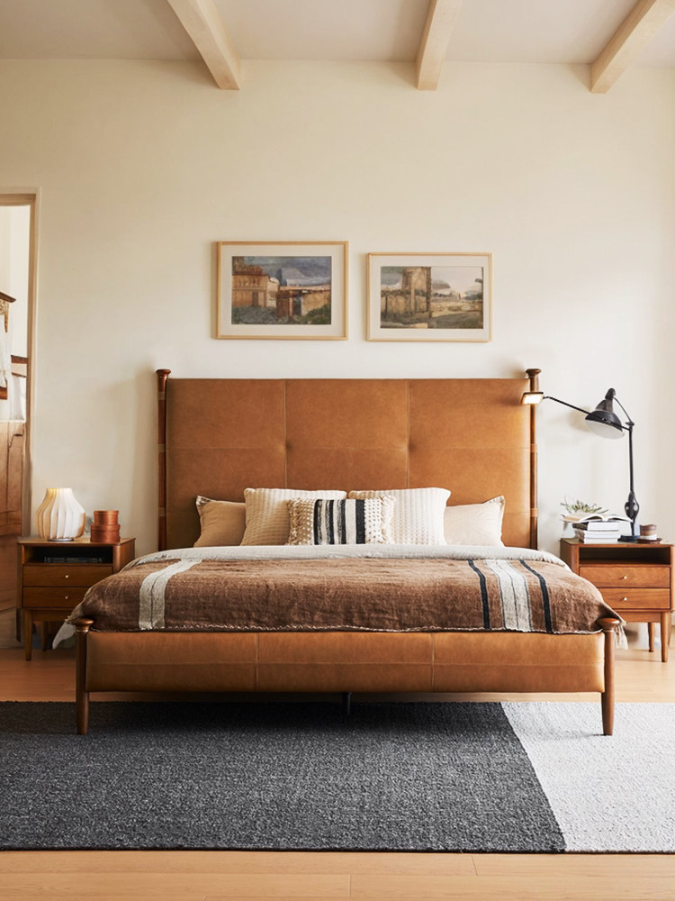 屋内屋器梧桐真皮床法式复古主卧头层牛皮实木中古风床1米8双人床