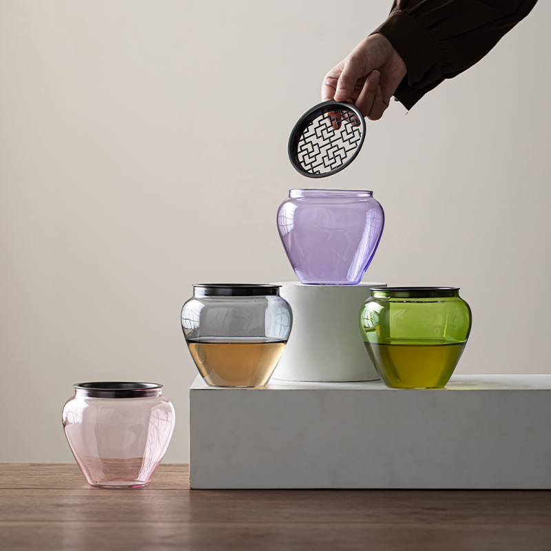 草木祠 彩色玻璃建水茶渣缸家用茶洗带盖过滤茶渣桶水盂水洗茶具