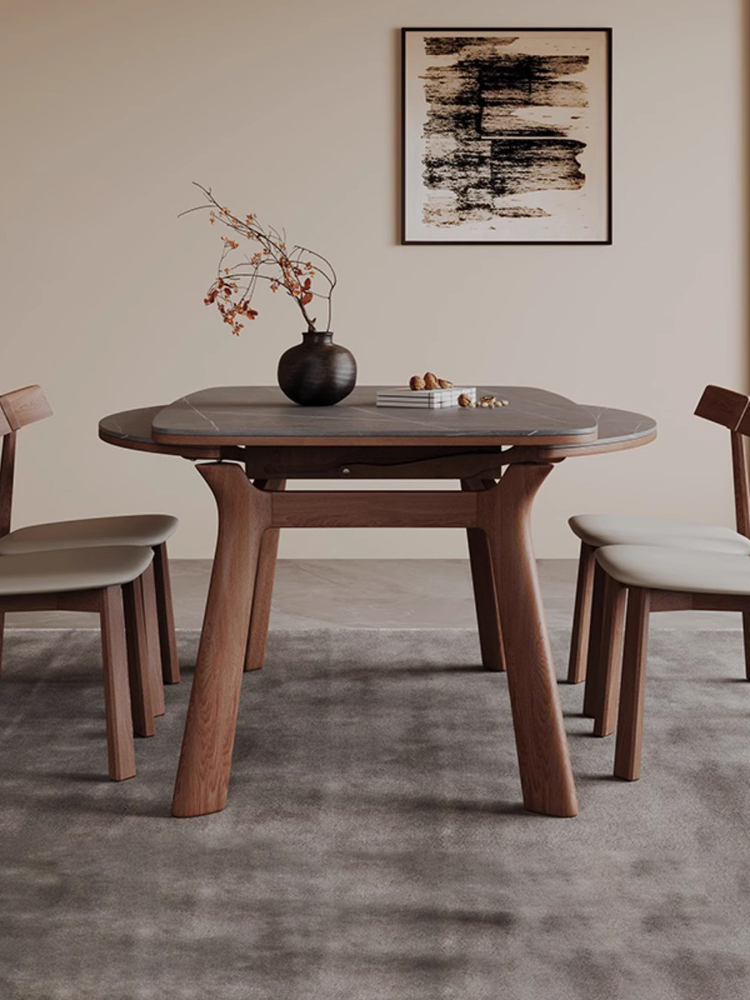 北欧实木岩板餐桌家用小户型可变圆桌现代简约轻奢方圆两用伸缩桌