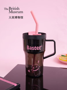 大英博物馆安德森猫大容量健身水杯夏天高颜值塑料带吸管杯子女生