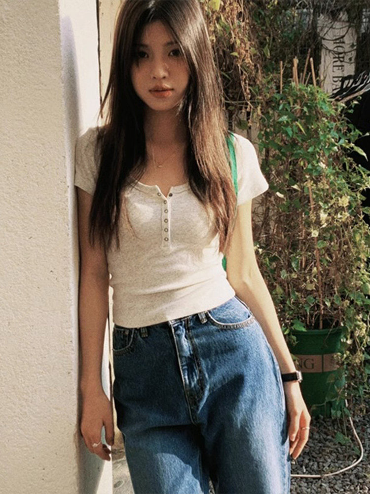 螺纹正肩t恤花灰色短袖女夏季紧身辣妹chic别致U领漏锁骨上衣半袖