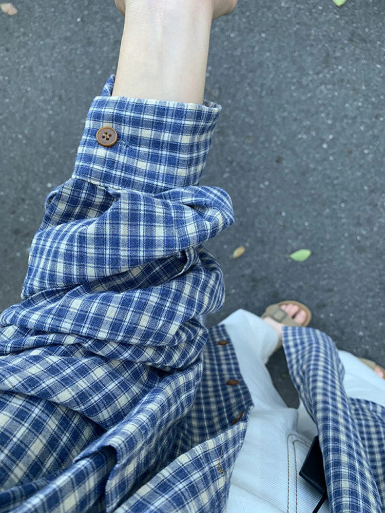 韩系格子衬衫女春季薄款2026新款复古宽松显瘦条纹长袖衬衣上衣潮