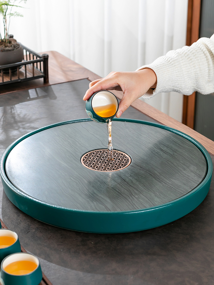陶瓷圆形茶盘储水式乌金石排水小型茶台办公家用木纹托盘茶具套装
