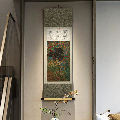 新中式丝绸卷轴挂画岁朝图古画书房茶室装饰壁画客厅玄关背景墙画