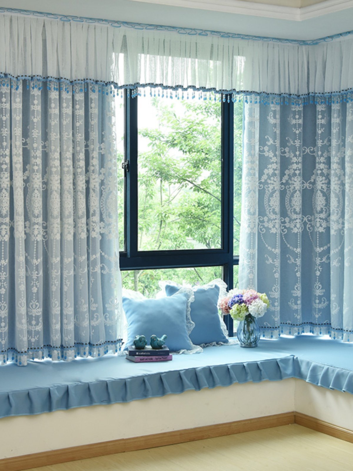 欧式现代简约飘窗双层全遮光卧室客厅落地窗遮阳隔热蓝色窗帘纱帘