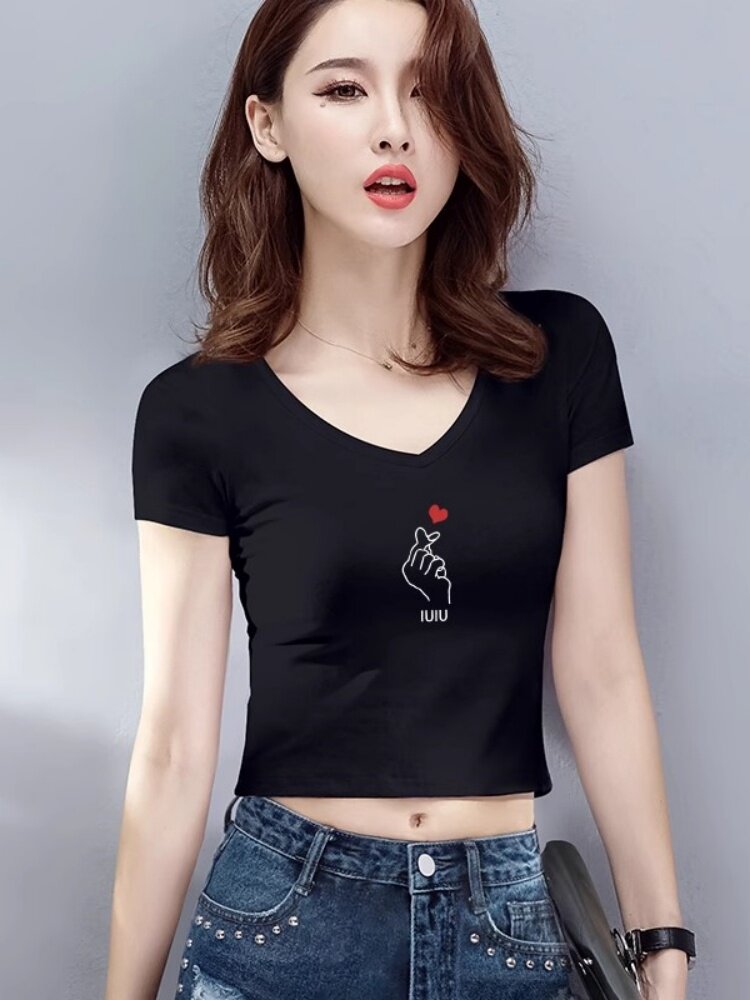 潮牌短款t恤女短袖修身时尚V领夏季高腰漏肚脐短装紧身露脐上衣服