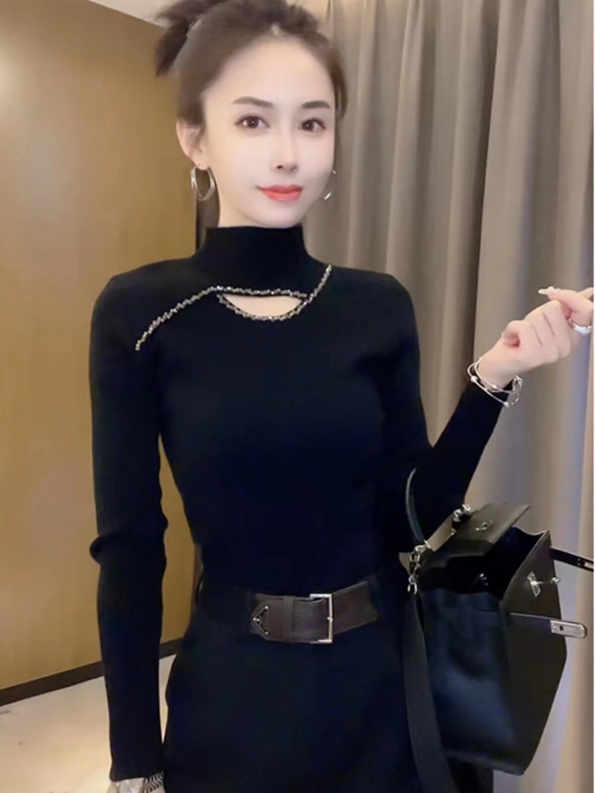 潮牌1313复古时髦纯色镂空打底衫女秋冬新款半高领紧身百搭T恤潮